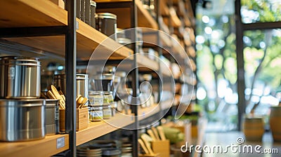 Glimpses of a zero waste stores interior can be seen in this defocused image with blurred shelves lined with stainless Stock Photo