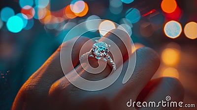 The glint of a diamond engagement ring on a womans hand reflecting the city lights in a blurred yet mesmerizing way. Stock Photo