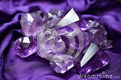 a glistening amethyst cluster on a satin cloth Stock Photo