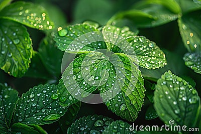 Glistening dew on fresh green leaves Stock Photo