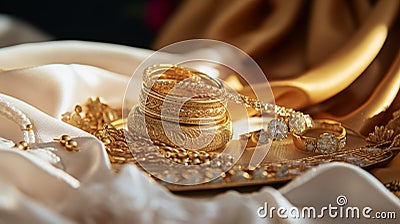 Glistening gold jewelry on a velvet tray Stock Photo