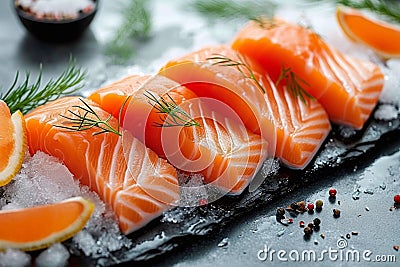 Glistening raw salmon over ice, an inviting display for seafood lovers Stock Photo