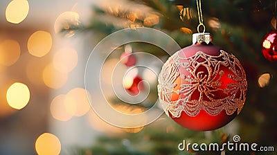 A glistening red ornament hangs on a Christmas tree, casting a festive glow with bokeh lights, evoking the enchantment of the Stock Photo