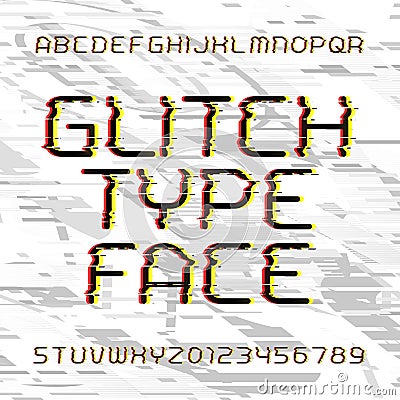 Glitch alphabet font. Broken letters and numbers. Vector Illustration