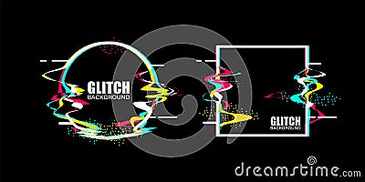 Glitch background round and square shape vector illustration. Distorted color effect frame Vector Illustration