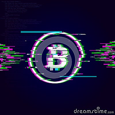 Glitch Bitcoin sign,crypto currency glitch effect. Vector Illustration