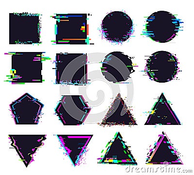 Glitch black frames of different shape. Distorted signal, square and round, triangle and polygonal figures Vector Illustration