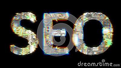 glitch and chromatic aberrance cybernetical text SEO on black, isolated - object 3D rendering Cartoon Illustration