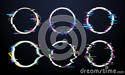 Glitch circle frame. Tv distorted signal chaos, glitched ring light effect distortion frames and flaw glitches bug Vector Illustration