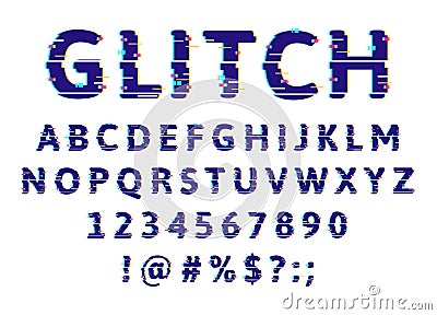 Glitch damage alphabet. Error pixel noise abs font, technical glitch problems letters and numbers. Damaged effect font Vector Illustration
