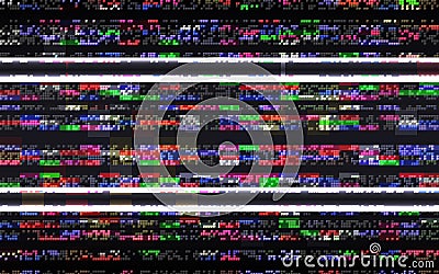 Glitch digital color noise. Abstract distortions with horizontal white lines. Video texture with random pixels. VHS no Vector Illustration