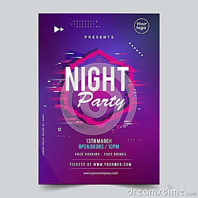 Glitch disco party music abstract night poster template.Vector Vector Illustration