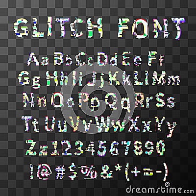 Glitch distortion font. Latin letters and numbers. Stock Photo