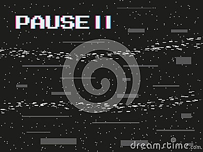 Glitch effect background. VHS pause. Videotape rewind. Video screen. 8bit pixel tape. Display error. Play distortion Vector Illustration