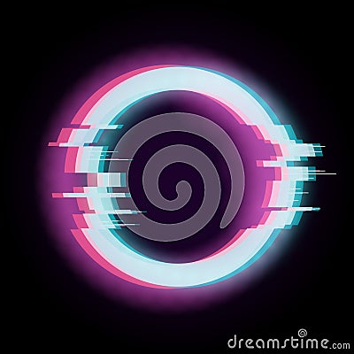 Glitch effect. Circle distorted shape, digital technology element. Futuristic poster, broken or destroyed frame. Chaos Vector Illustration