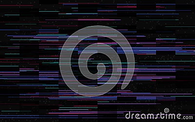 Glitch effect. Color glitched lines. Digital video error. Dark cyberpunk background. Random glowing shapes. Modern Cartoon Illustration
