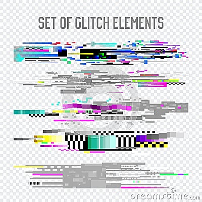 Glitch Effect Elements Set. TV Distortion, Digital Noise Abstract Design, Decay Signal, Screen Pixel illustration Vector Illustration