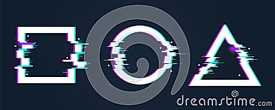 Glitch effect frames. Circle distorted shape. Digital broken triangle and square with flaw. Futuristic chaos, tv image Vector Illustration