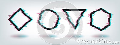 Glitch effect frames. Digital distorted minimal shape, circle triangle rhombus hexagon square tv distortion logo. Vector Vector Illustration