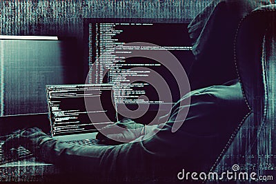 Glitch effect. Hacker working on a code on dark digital background with digital interface around. Stock Photo