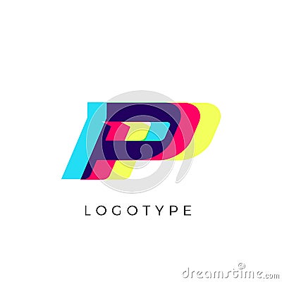 Glitch effect letter P, colored spectrum overlay effect. Vector slant symbol for cyber sport, racing, automotive and Vector Illustration