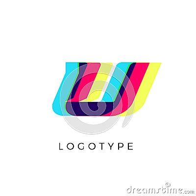 Glitch effect letter U, colored spectrum overlay effect. Vector slant symbol for cyber sport, racing, automotive and Vector Illustration