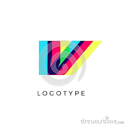 Glitch effect letter V, colored spectrum overlay effect. Vector slant symbol for cyber sport, racing, automotive and Vector Illustration