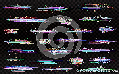 Glitch elements set. Glitched lines noise. Error templates. Color glitches collection on transparent background Vector Illustration