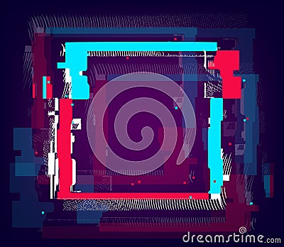Glitch empty square frame. Distorted rectangle shape in neon colors with floating pixels. Vector banner template for Vector Illustration