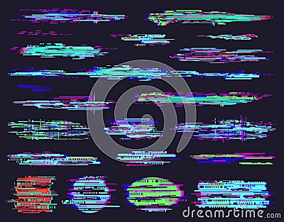 Glitch error elements. Digital pixel noise abstract frames, technical glitch problems. Computer screen error element Vector Illustration