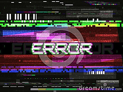 Glitch error template. Video problem concept. Color pixels and lines. Glitched elements and noise on dark background. No Vector Illustration