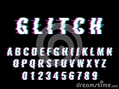 Glitch font. Broken effect letters and numbers, distorted latin alphabet with digital interference and bias, old game or Vector Illustration