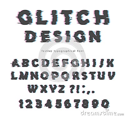 Glitch font design. Isolated on white abc letters and numbers. Stock Photo