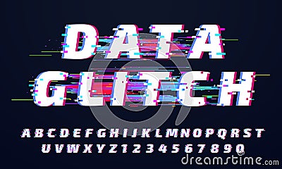 Glitch font. Digital glitched alphabet, game screen letters and broken old display lettering vector set Vector Illustration