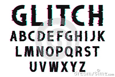 Glitch font with distorted effect in 80s and 90s style. Glitch english alphabet with tv screen noise effect Vector Illustration