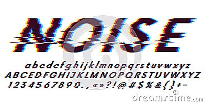 Glitch font oblique on a white background, digital image error, distortion of letters and characters, 3d stereo effect, blue and Vector Illustration