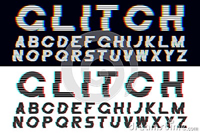 Glitch font set. Glitched sans-serif font with distortion. Vector alphabet with broken pixel. Vector Illustration