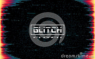 Glitch frame on dark backdrop. Color distortions and pixel noise. Cyberpunk template with distorted lines. Futuristic banner with Vector Illustration