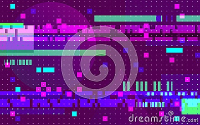 Glitch geometric distortion background. Abstract color pixels on purple backdrop. Random color lines. Old game concept Vector Illustration