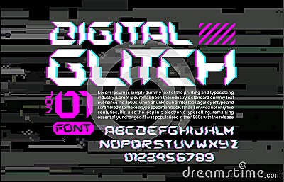 Glitch hi-tech space font lettering on digital glitch background cyberpunk style design composition with stereo vision effe Stock Photo