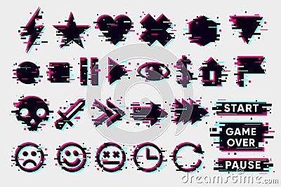 Glitch icons set. Interface navigation elements with glitchy effect. Vector signs collection. Vector Illustration