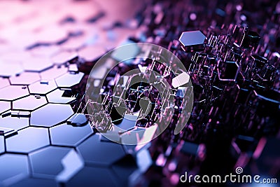 A glitch-inspired 3D background where hexagonal patterns distort and disassemble, revealing Stock Photo