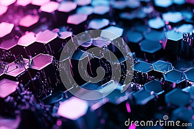 A glitch-inspired 3D background where hexagonal patterns distort and disassemble, revealing Stock Photo