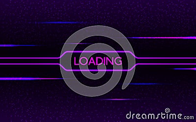 Glitch neon loading. Cyberpunk futuristic concept. Purple and blue glowing lights on dark pixel background. Creative Vector Illustration