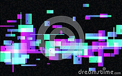 Glitch neon shapes. Broken digital signal. Futuristic distortion effect. Video error visualization. Random gradient Vector Illustration