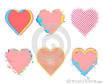 Glitch noise distortion and halftone hearts set with chromatic aberration effect Vector Illustration