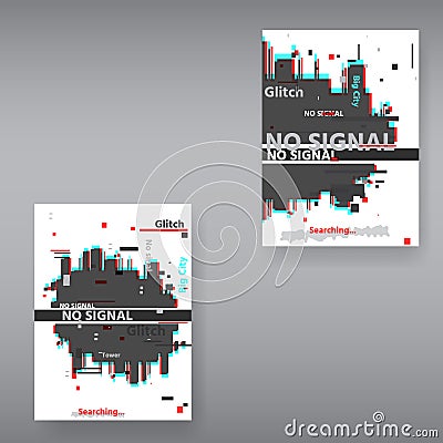 Glitch page template . Tv distorted signal chaos, glitched effect distortion color photo dissolution Vector Illustration