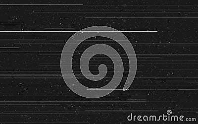Glitch retro. Horizontal white lines. Grain effect on dark backdrop. Random distorted shapes. Old analog texture Vector Illustration