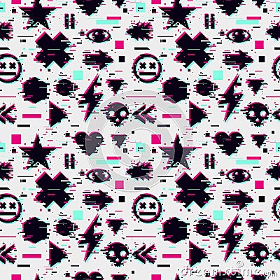 Glitch seamless pattern with video games element. Gamer vector background. Futuristic texture with glitchy effect. Vector Illustration