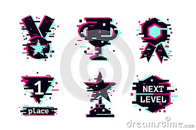 Glitch style vector awards. Cyber sport trophy icons set. Computer game achievement. Vector Illustration